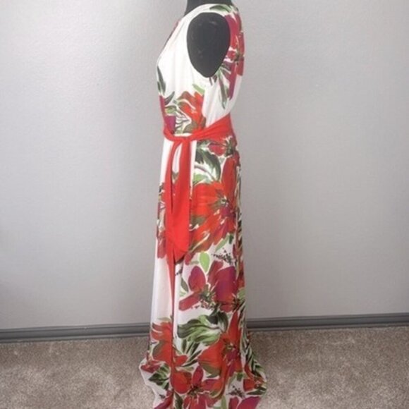 Eliza J Tropical Floral Maxi Gown Chiffon Pleated Sleeveless Dress Cream Red 10 - Picture 7 of 11